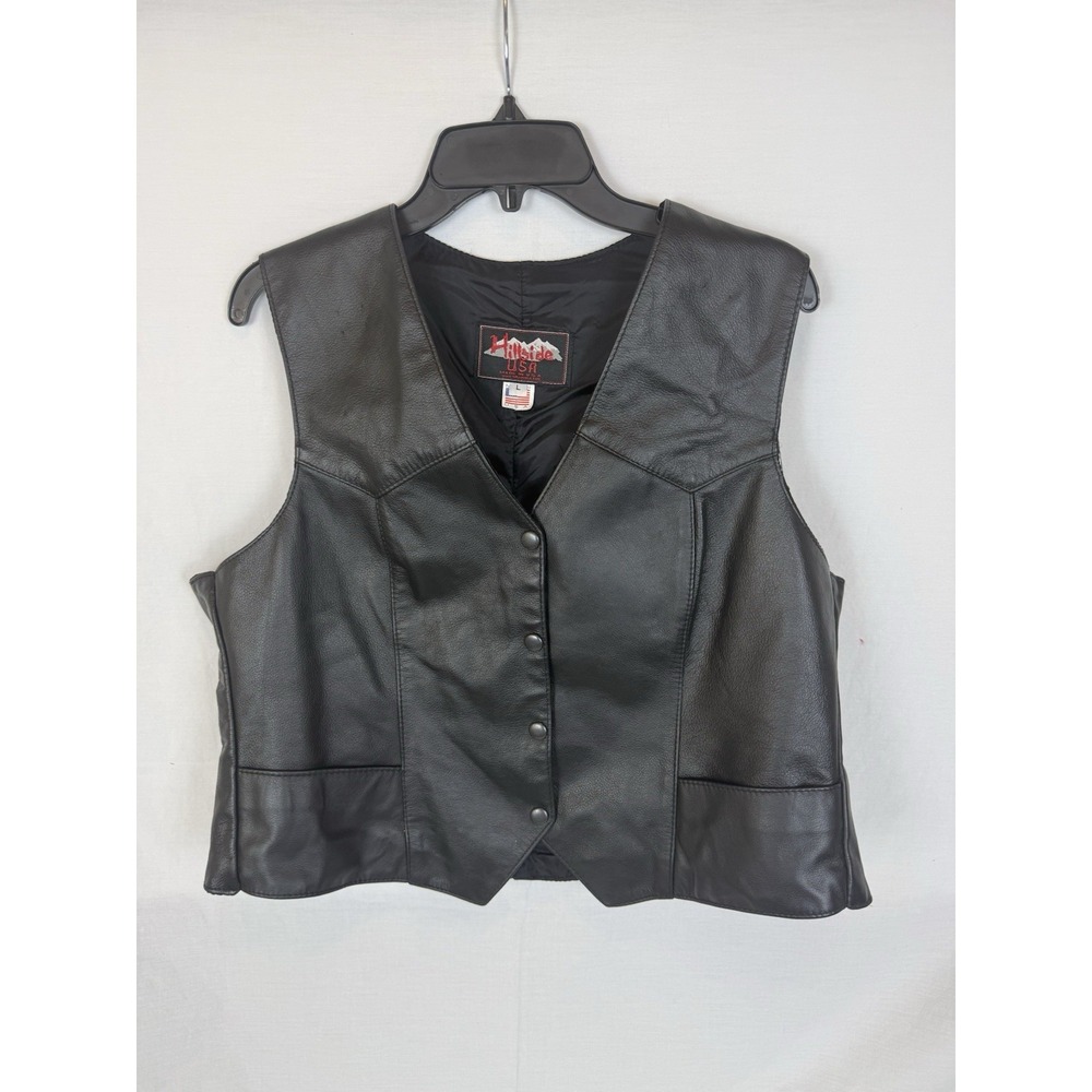 VINTAGE HILLSIDE LEATHER MOTORCYCLE VEST BLACK SNAP BUTTONS Women's USA Large